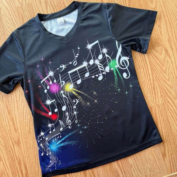 Music Note Graphic Top Size S Black Short Sleeve Performance Tee - Picture 2 of 8